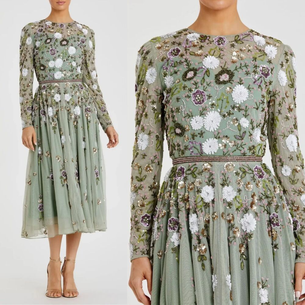 Mac Duggal 5716 Size 6 Sage Green Floral Beaded Long Sleeve High Neck Midi Dress